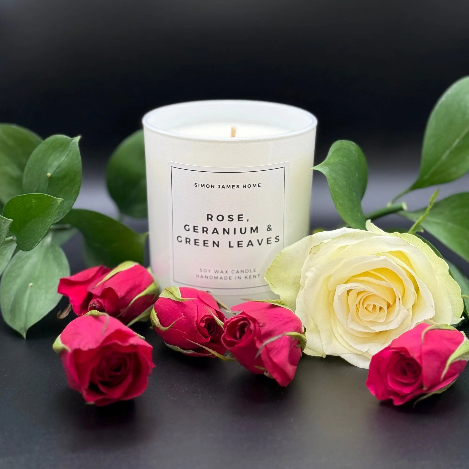 Rose, Geranium & Green Leaves Handmade Soy Wax Candle Simon James Home