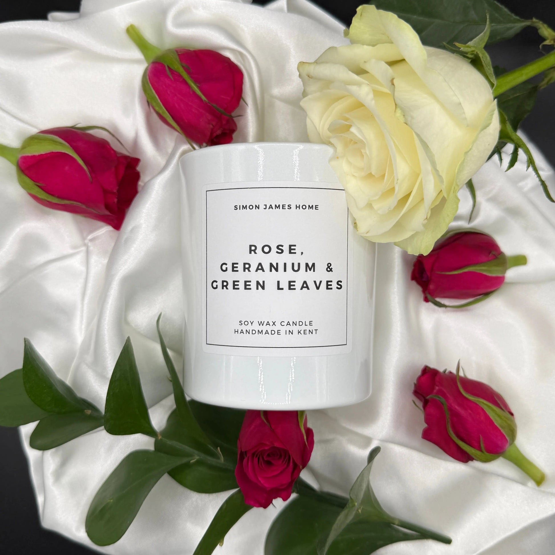 Rose, Geranium & Green Leaves Handmade Soy Wax Candle Simon James Home