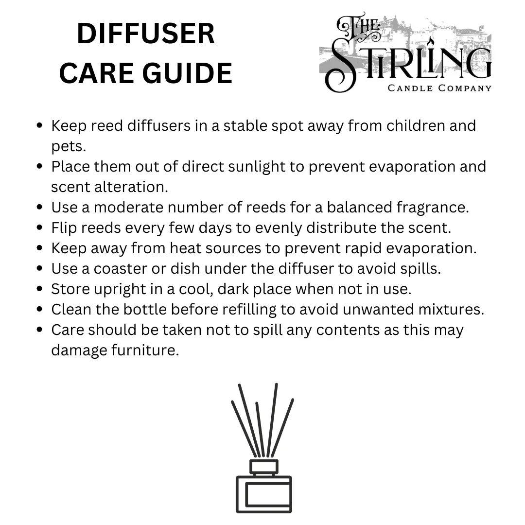Diffuser Care Guide: text instructions for using and maintaining Fresh Start 100ml reed diffusers.