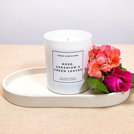 Rose, Geranium & Green Leaves Handmade Soy Wax Candle Simon James Home