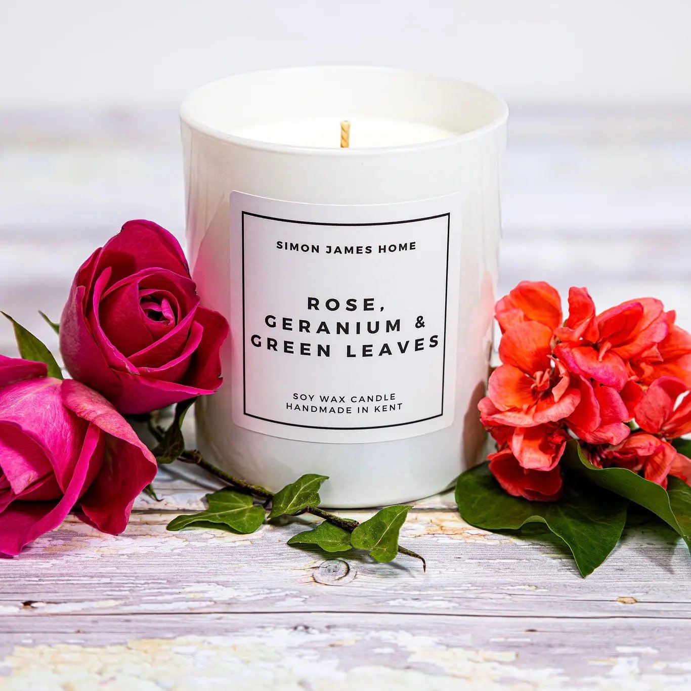 Rose, Geranium & Green Leaves Handmade Soy Wax Candle Simon James Home