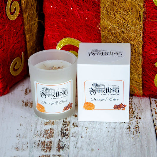 Small Orange & Clove candle with white box, hand-poured in Stirling, Scotland. Sustainable rapeseed and coconut wax.