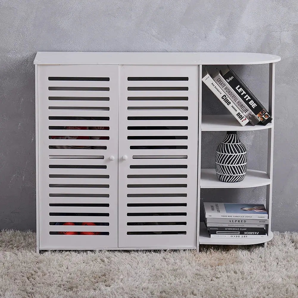White 4-layer double door shoe cabinet with slatted doors and 3-tier open shelves on the right