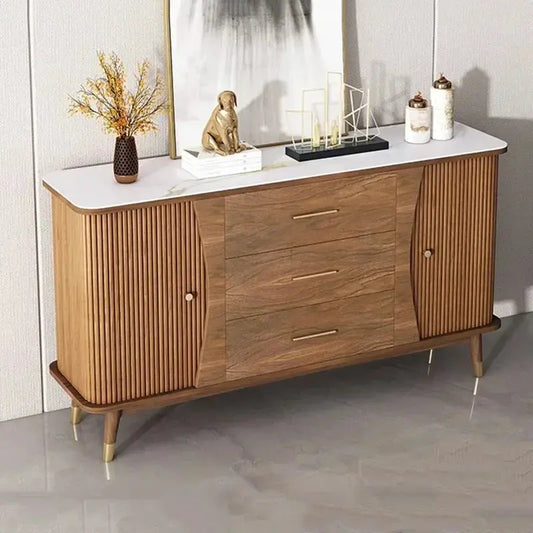 Modern minimalist wooden showcase cabinet with marble top, three drawers, and reeded doors for stylish storage