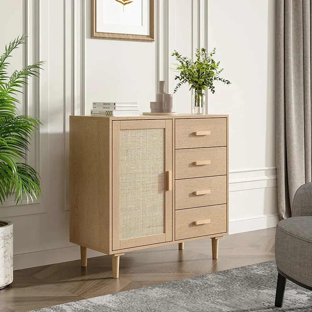 Wood and rattan accent side cabinet with four drawers & door in a light, elegant room setting