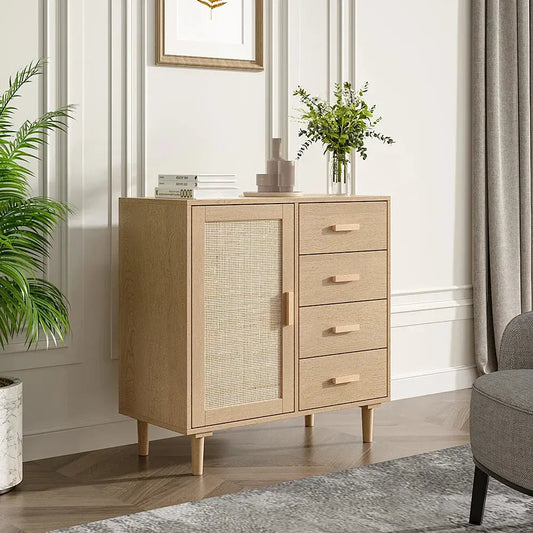 Wood and rattan accent side cabinet with four drawers & door in a light, elegant room setting