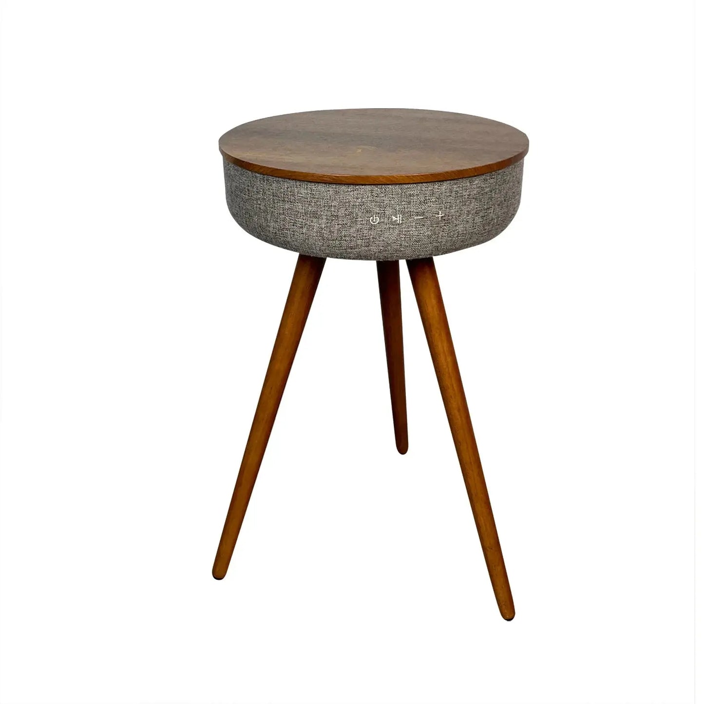 Round smart coffee table with dark wood top, grey fabric speaker, control buttons, and three wooden legs on white background.