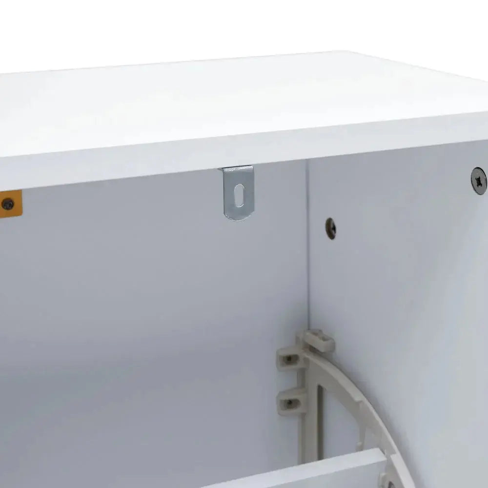Close-up of the flip-down mechanism and secure wall mount bracket inside the white wood shoe cabinet.