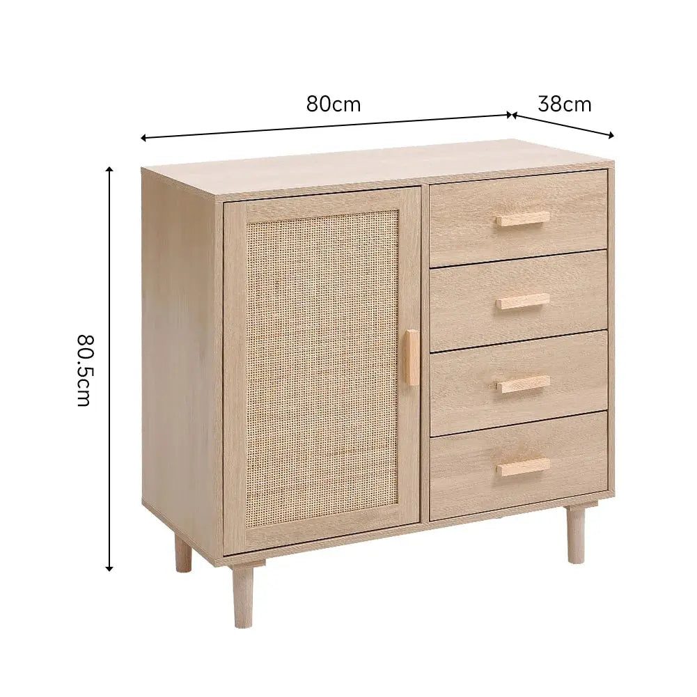 Wood and rattan accent side cabinet dimensions: 80cm W x 38cm D x 80.5cm H. Features 4 drawers & storage.