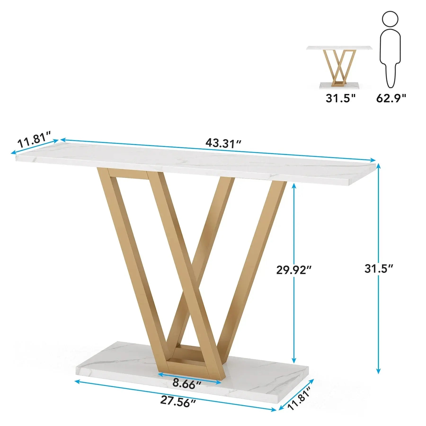 Tribesigns Industrial Console Table with white marble-effect top, gold V-shaped metal base, and dimensions shown