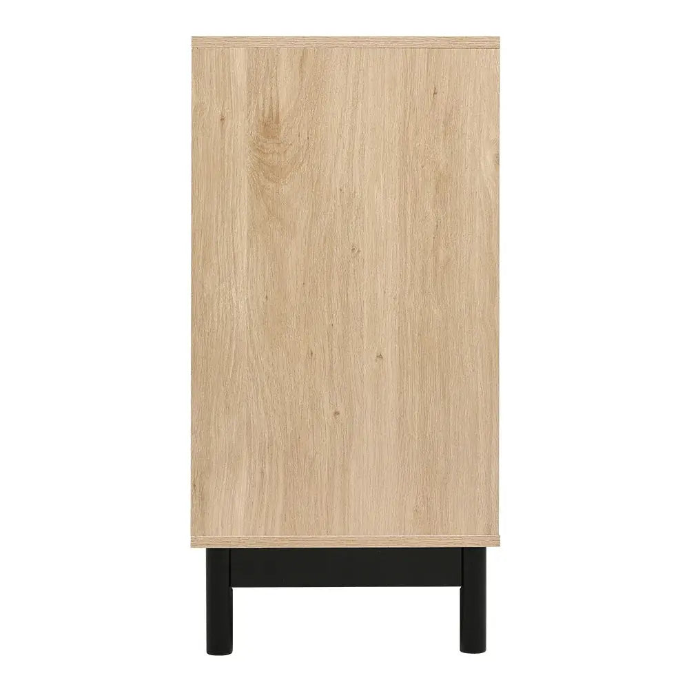 Side view of the rattan double door wooden sideboard, showing its natural wood finish and black metal base.