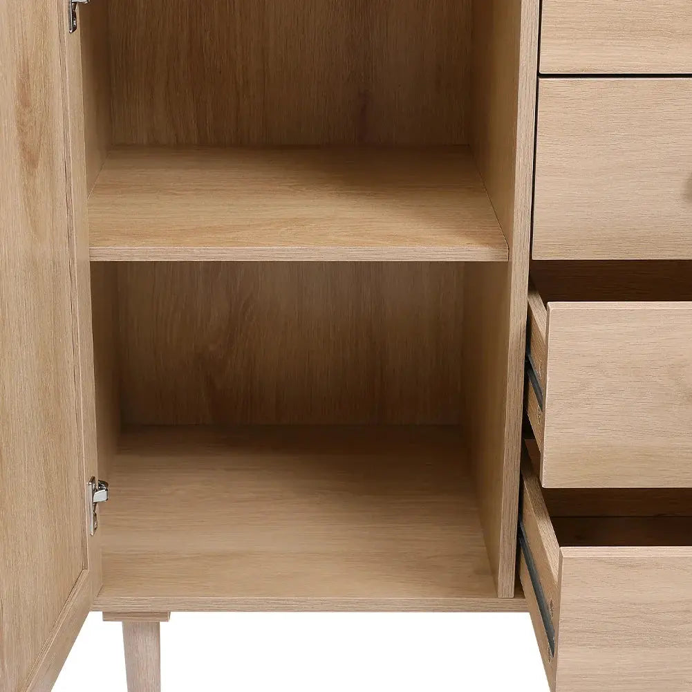 Wood & Rattan Accent Side Cabinet with open door & adjustable shelf, showing pull-out drawers for storage.