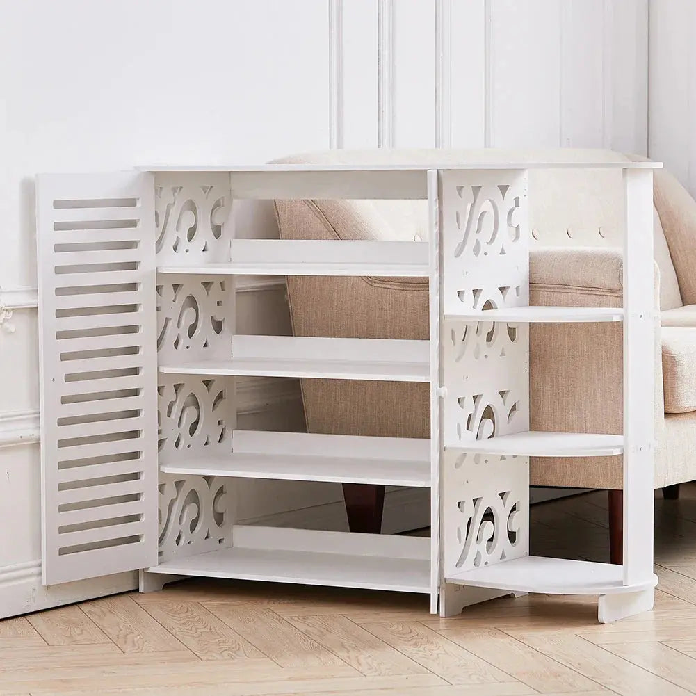 White double door 4-layer shoe cabinet with open shelves, carved patterns, and louvered door in entryway