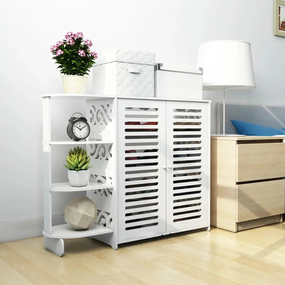 White 4-layer double door shoe cabinet with 3 open shelves, decorative cutouts, in an entryway
