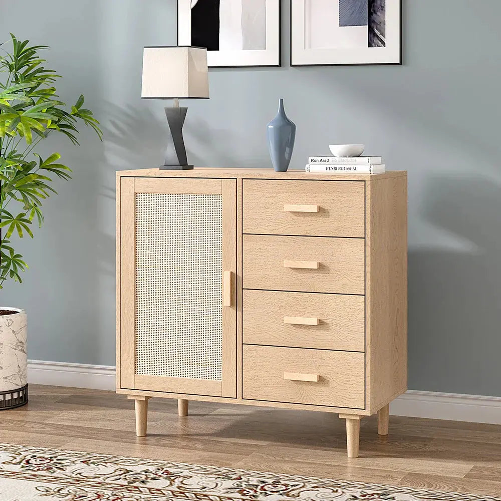 Wood & rattan accent side cabinet with four drawers & door in a modern living room setting