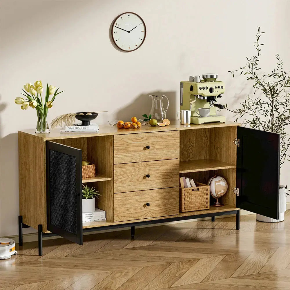 Brown oak storage cabinet with black rattan doors, three drawers, and open shelves for living room decor