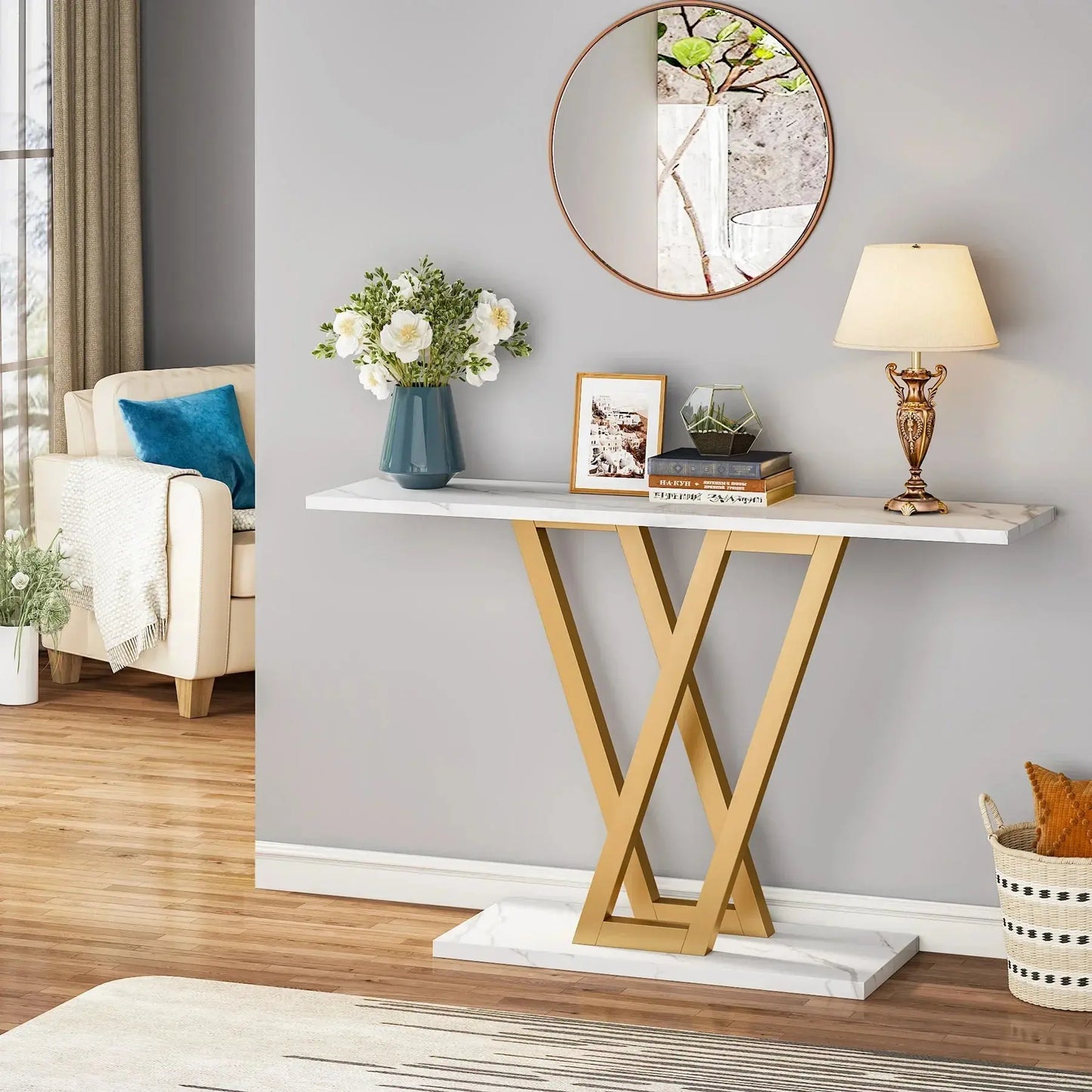 Tribesigns Industrial Console Table with white marble top and gold geometric metal base in a modern entryway