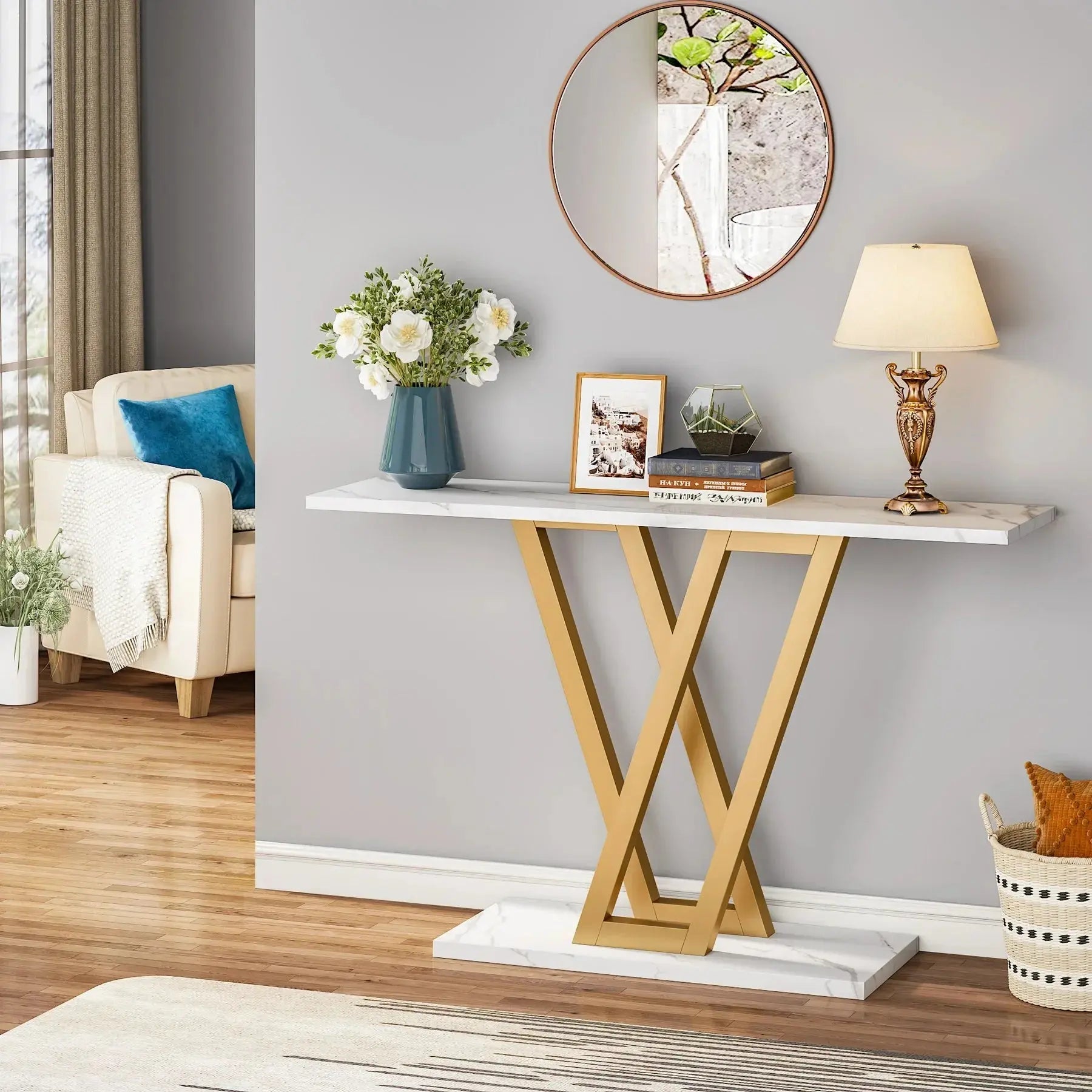 Tribesigns Industrial Console Table with white marble top and gold geometric metal base in a modern entryway