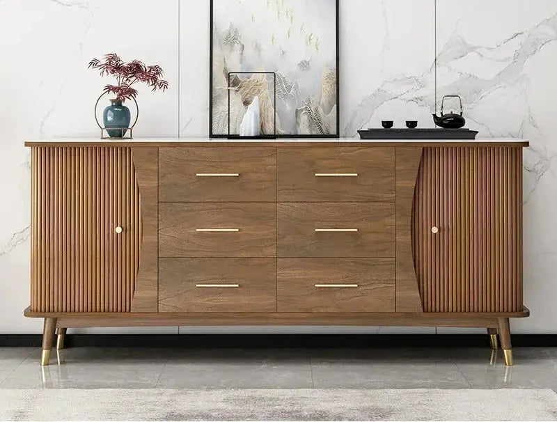 DUTRIEUX Modern Minimalist Wooden Showcase Cabinet with 6 drawers and fluted sliding doors in living room