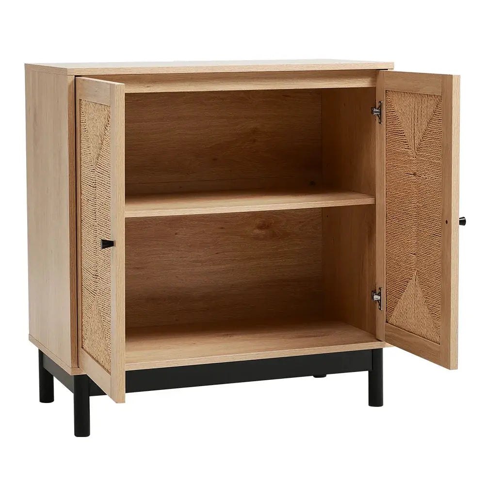 Rattan double door wooden sideboard with doors open, showing internal storage shelves, on a black metal base.