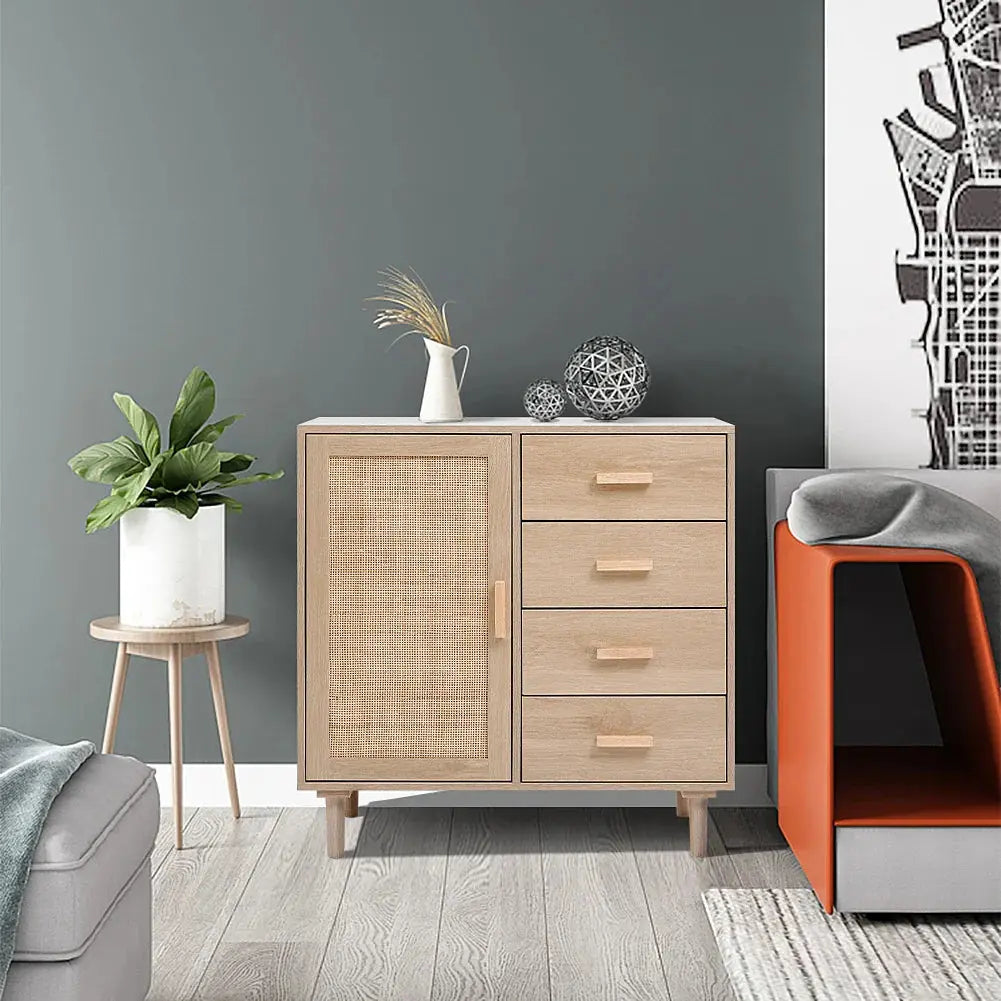 Wood and rattan accent side cabinet with four drawers, perfect for elegant bedroom or living room storage