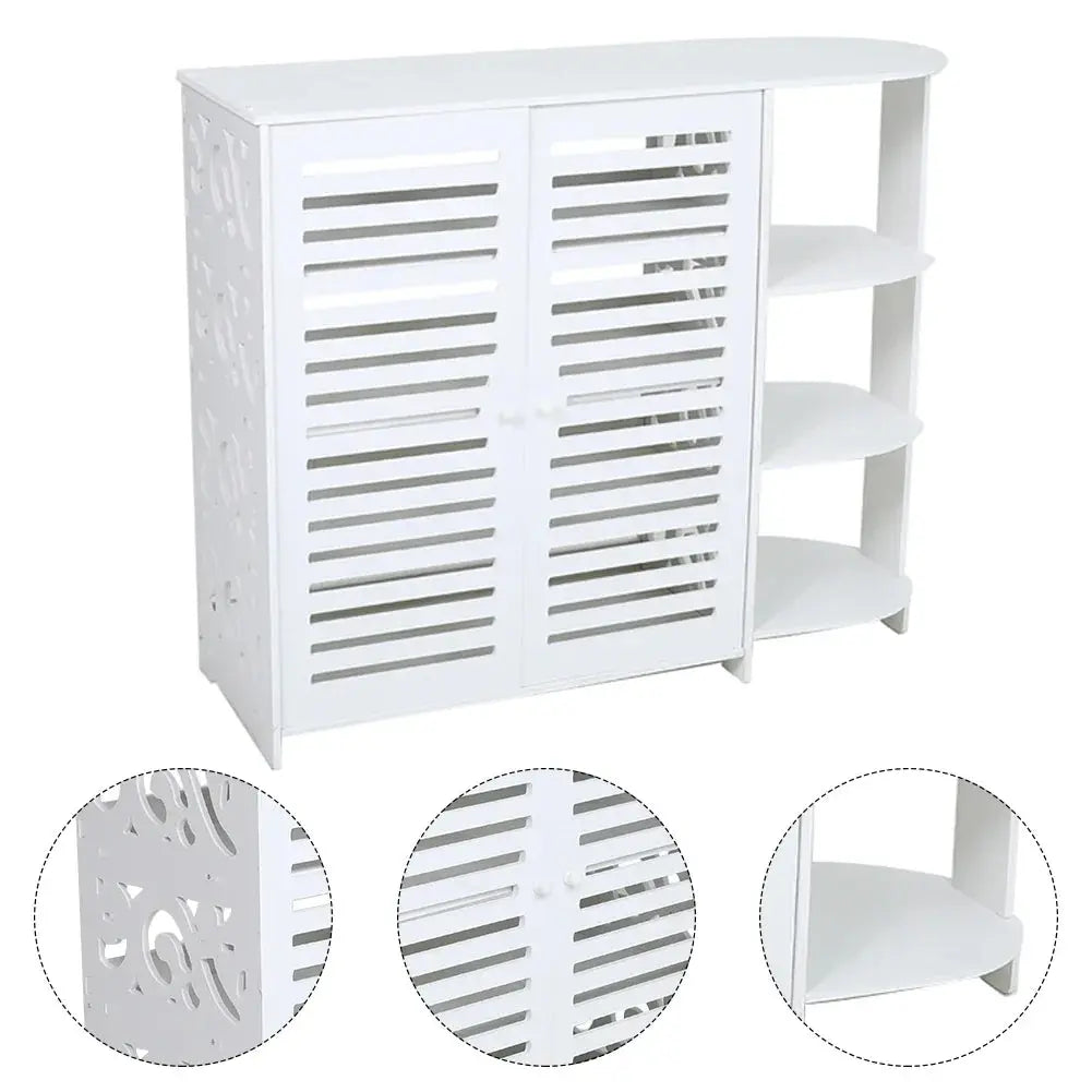 White double door shoe cabinet with 4 layers and 3 open shelves for entryway storage, with carved side details