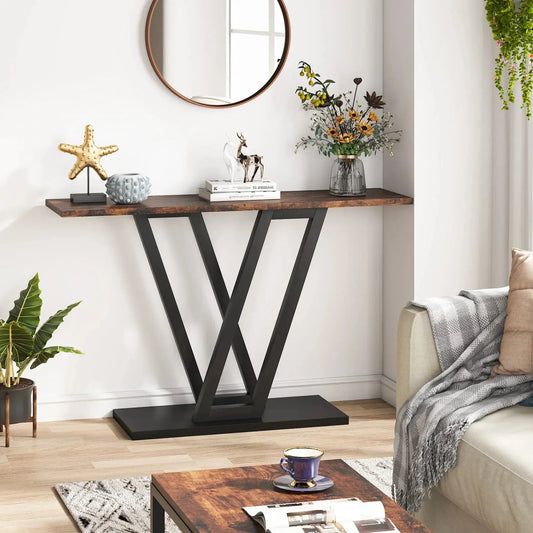 Tribesigns Industrial Console Table with dark wood top and black V-shaped metal frame in a modern living room.