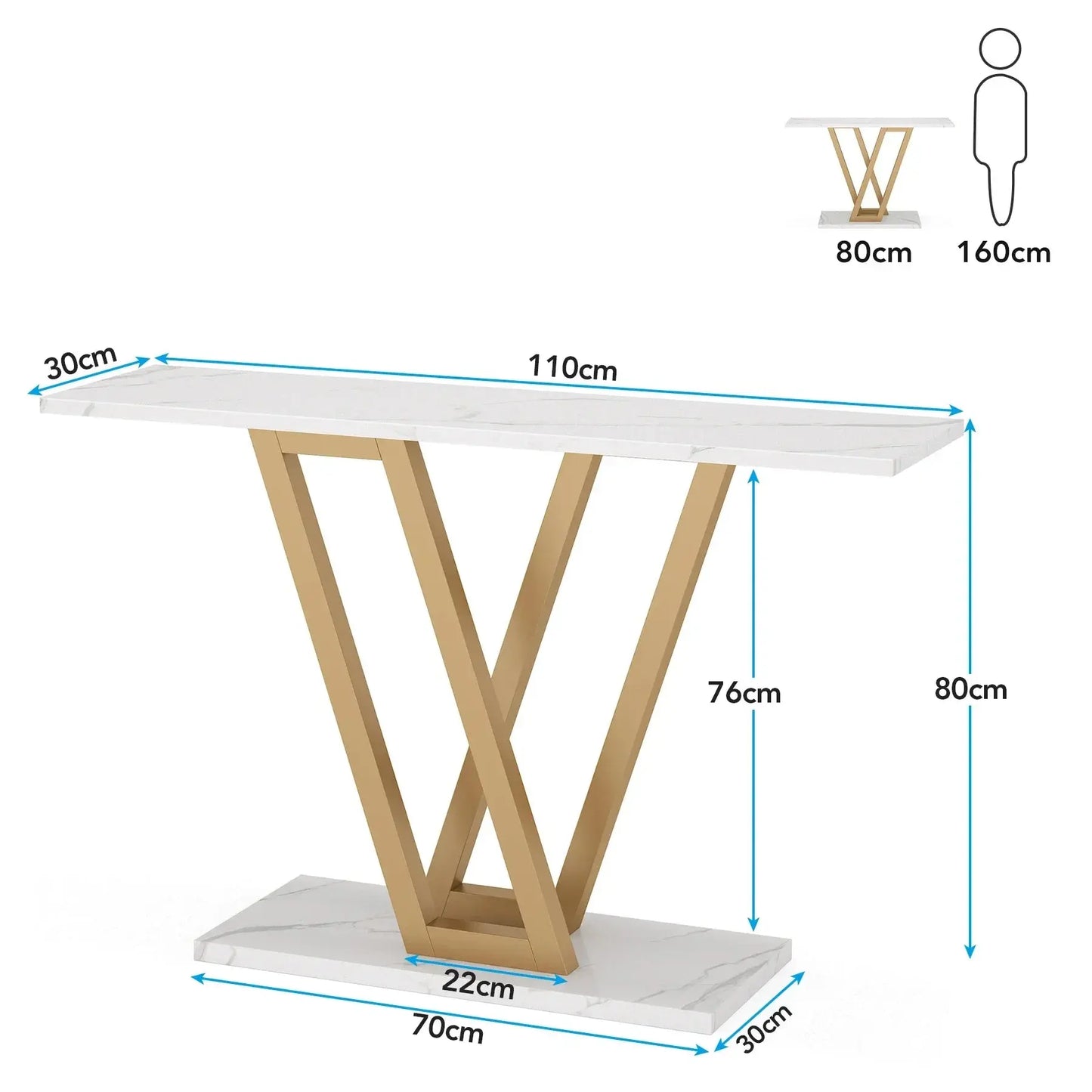 Tribesigns Industrial Console Table dimensions: 110cm L x 30cm W x 80cm H. White marble effect top, gold V-shape base.