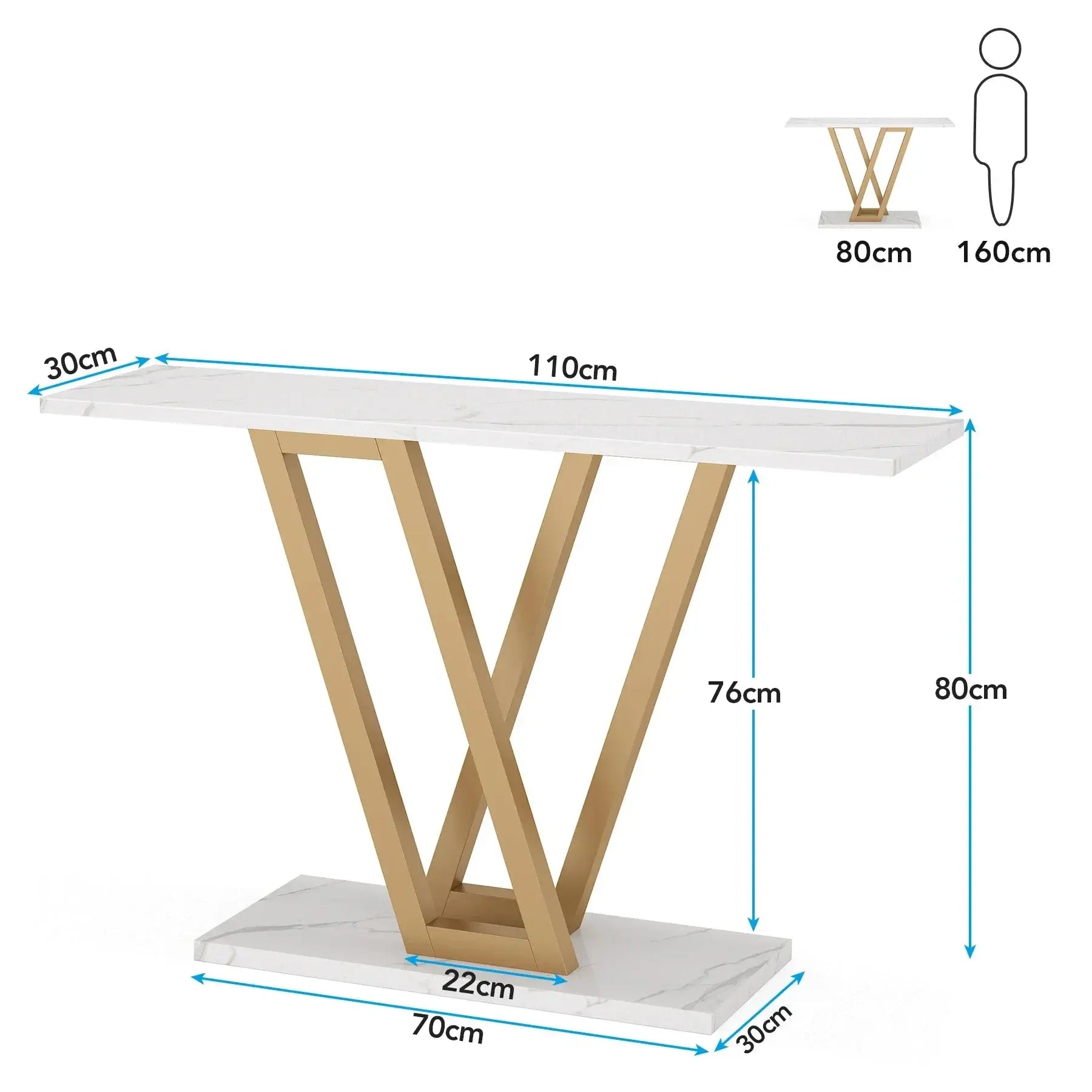 Tribesigns Industrial Console Table dimensions: 110cm L x 30cm W x 80cm H. White marble effect top, gold V-shape base.
