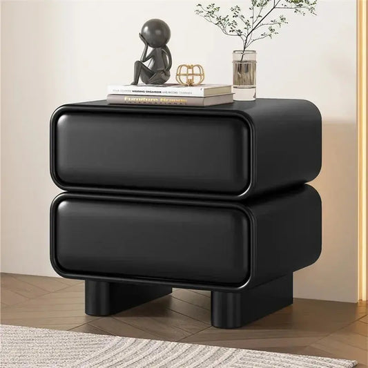 Black modern Moroccan 2-drawer bedside table with rounded edges, solid wood nightstand for bedroom.