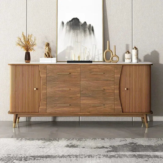 DUTRIEUX Wooden Showcase Cabinet with 6 drawers and fluted doors, slate top, modern minimalist design, UK furniture