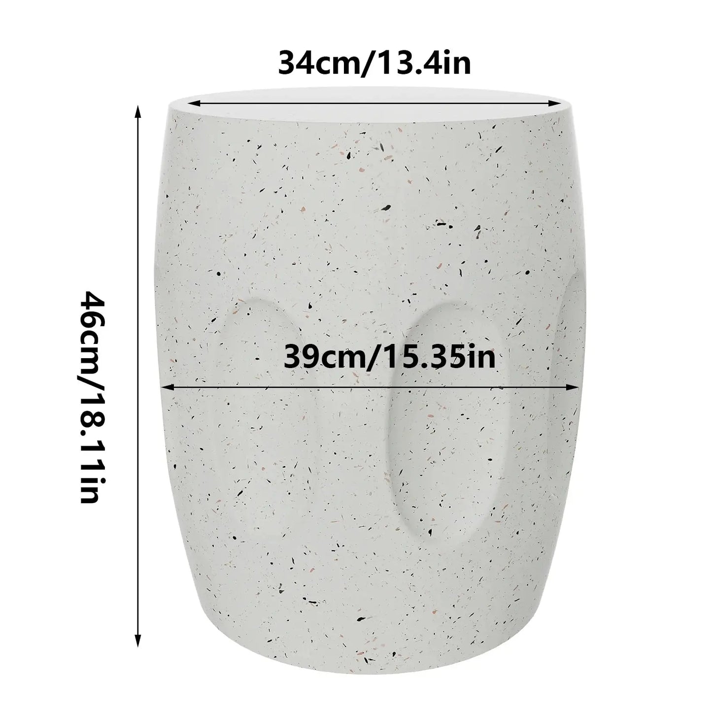 Lightweight Concrete Side Table dimensions: top diameter 34cm/13.4in, height 46cm/18.11in, and width 39cm/15.35in.
