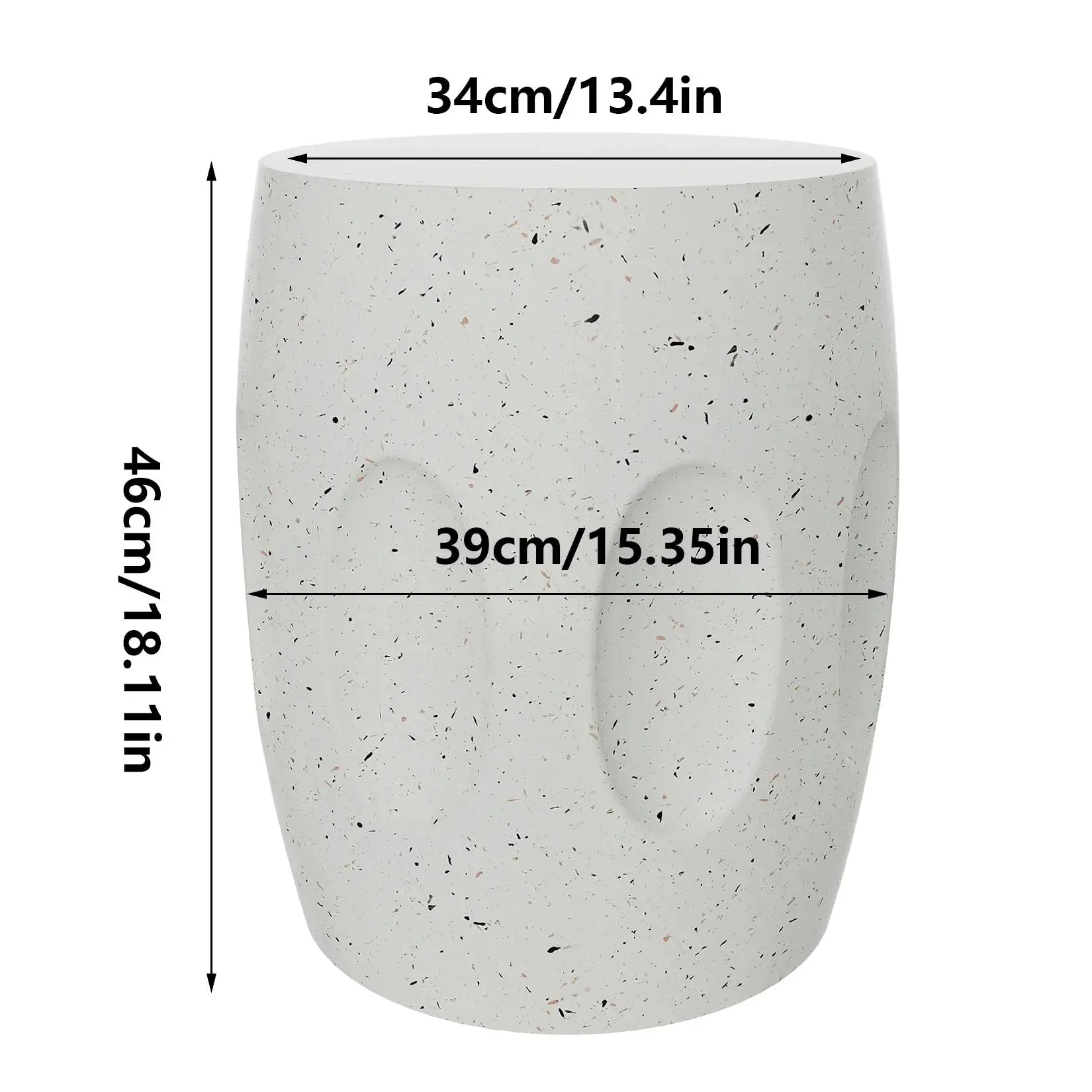 Lightweight Concrete Side Table dimensions: top diameter 34cm/13.4in, height 46cm/18.11in, and width 39cm/15.35in.
