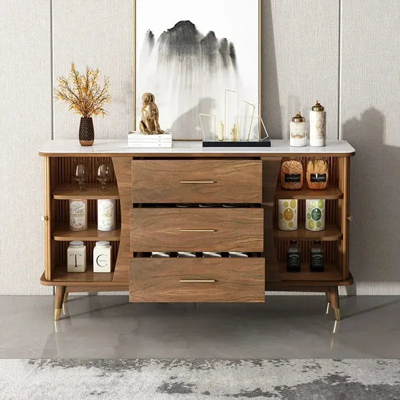 DUTRIEUX Modern Minimalist Wooden Showcase Cabinet with Slate finish, 3 drawers, and open side storage shelves