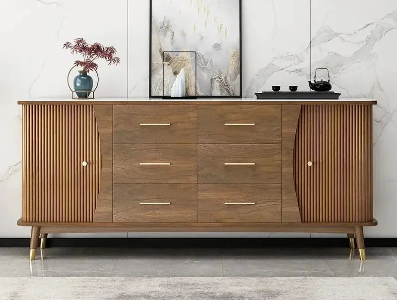 DUTRIEUX Modern Minimalist Wooden Showcase Cabinet with 6 drawers and 2 ridged slate finish doors for storage