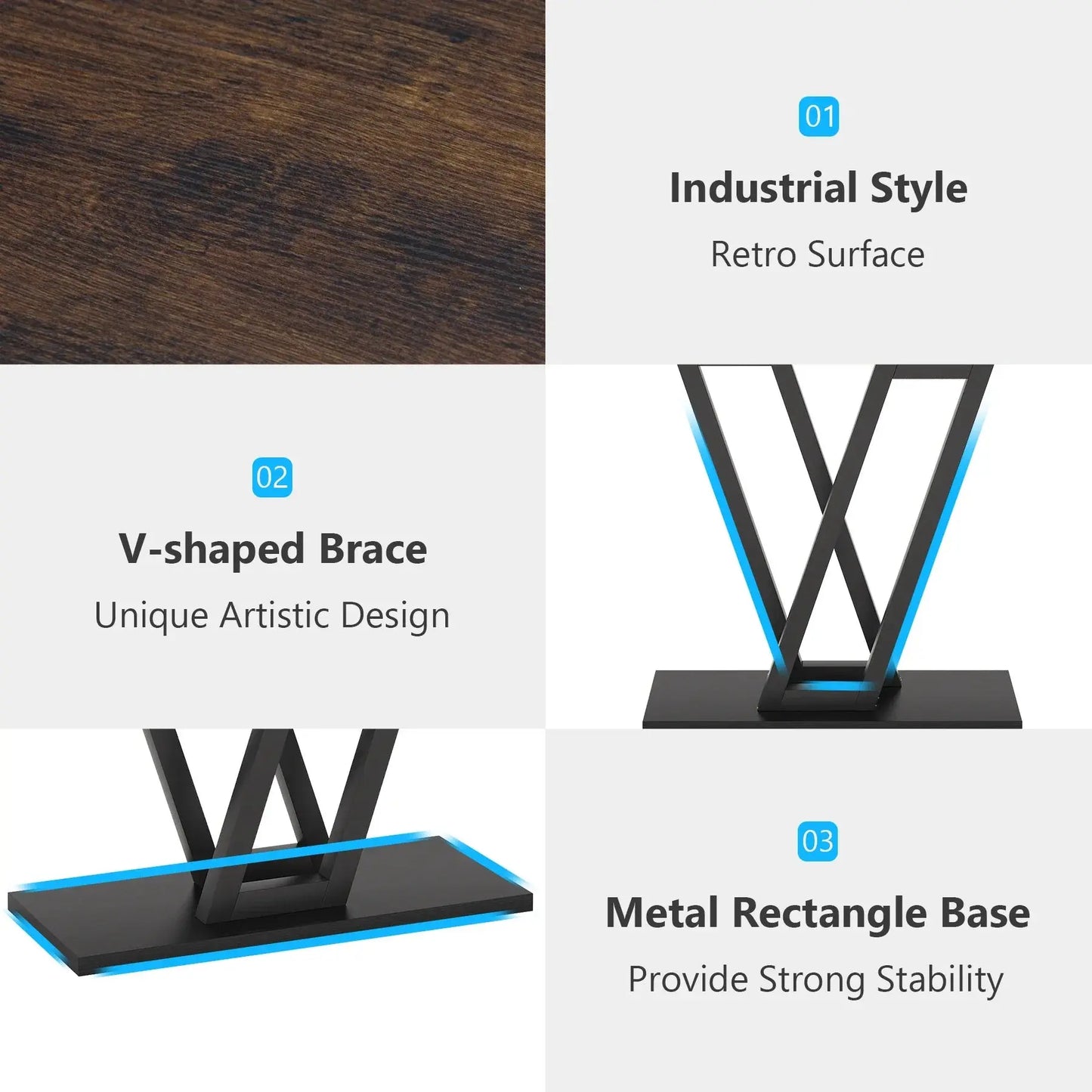 Close-up of Tribesigns Industrial Console Table features: dark wood retro surface, V-shaped brace, and metal rectangle base