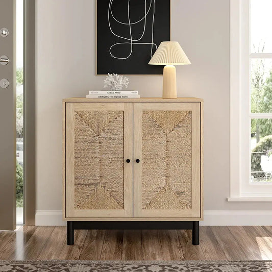 Natural wooden sideboard with rattan double doors and black metal base in a living room