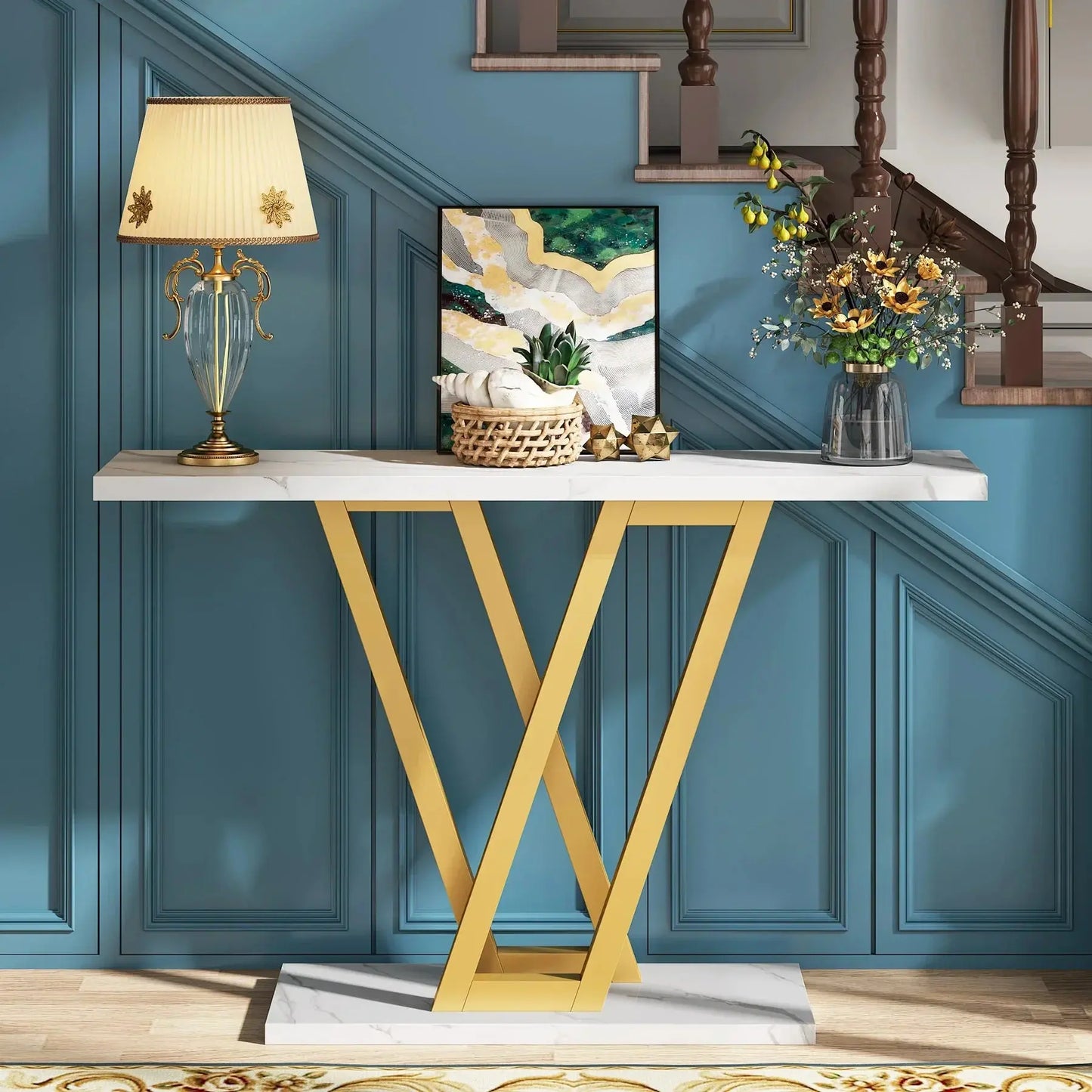 Tribesigns Industrial Console Table with white marble top and gold V-shaped metal base in an entryway