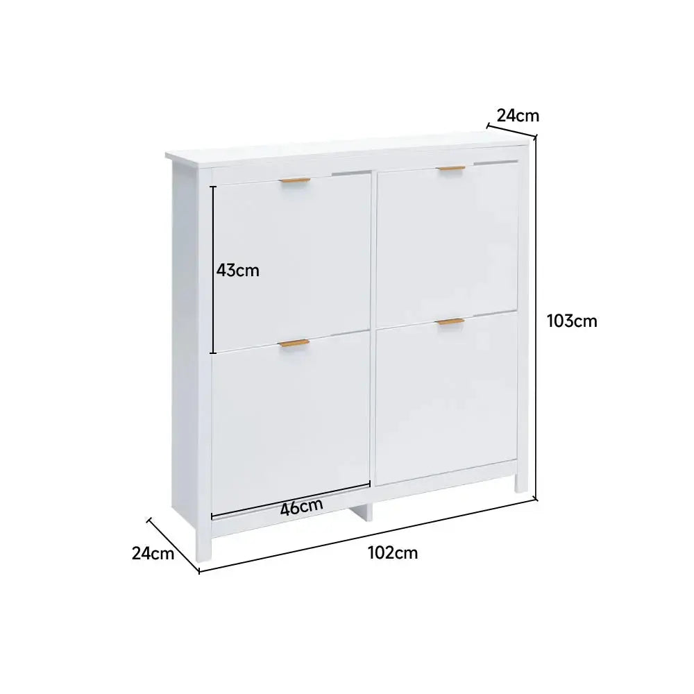 White flip down wood shoe cabinet with 4 shelves, showing dimensions: 102cm width, 103cm height, 24cm depth.