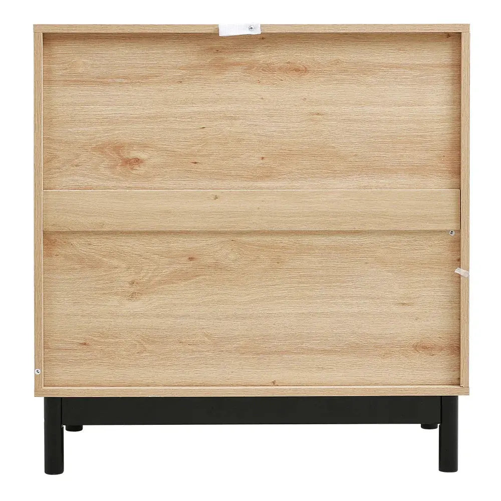 Back view of the wooden sideboard with metal base, showing wood grain and assembly details.