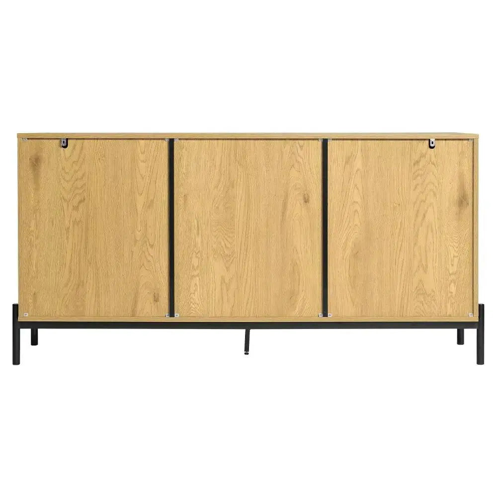 Rear view of brown oak storage cabinet with three panels and black metal frame