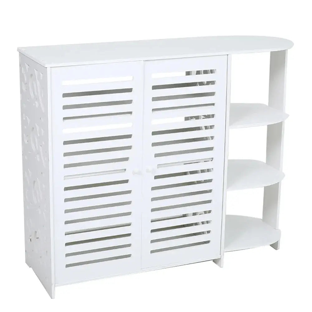 White double door shoe cabinet with 4 layers and 3 open shelves for entryway storage, featuring carved side patterns.