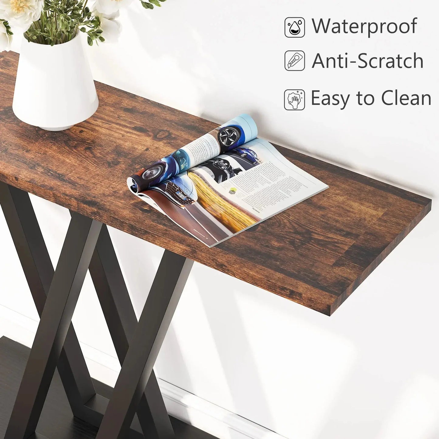 Tribesigns Industrial Console Table with dark wood top and black V-shaped metal base, showing waterproof and easy clean features