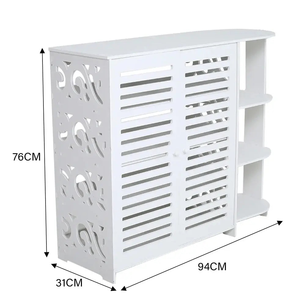 White 4-layer double door shoe cabinet with carved side patterns, louvered doors, and 3 open shelves with dimensions