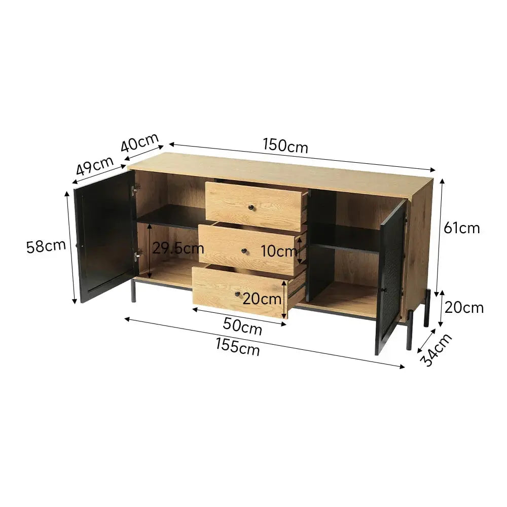 Brown Oak Storage Cabinet with black doors open, three drawers pulled out, showing detailed dimensions.