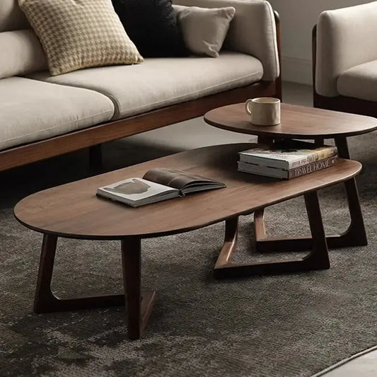 BIANXIANG modern moving wooden coffee table with a small round side table and sofa in a living room