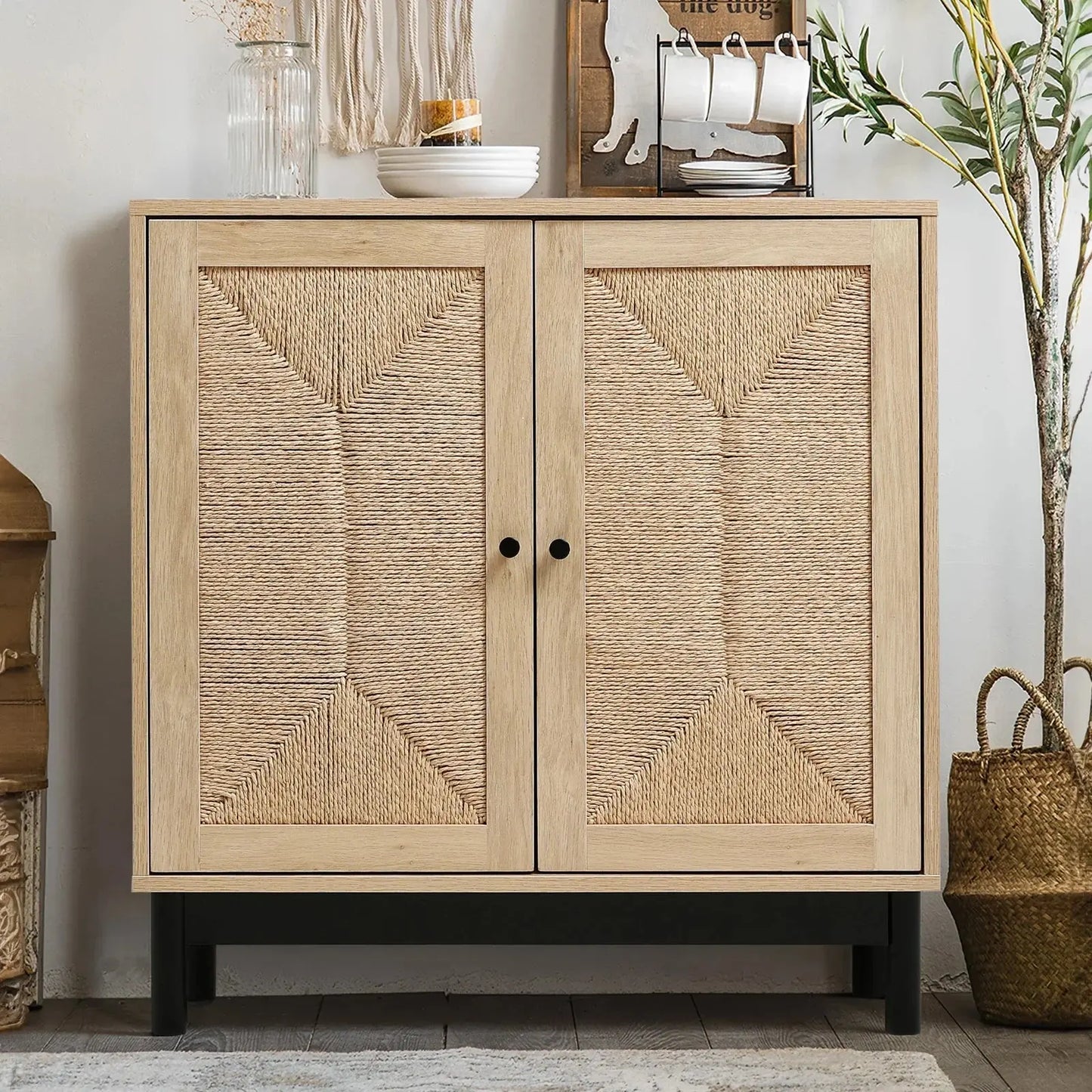 Rattan double door wooden sideboard with woven textured doors, black metal base, and minimalist handles.