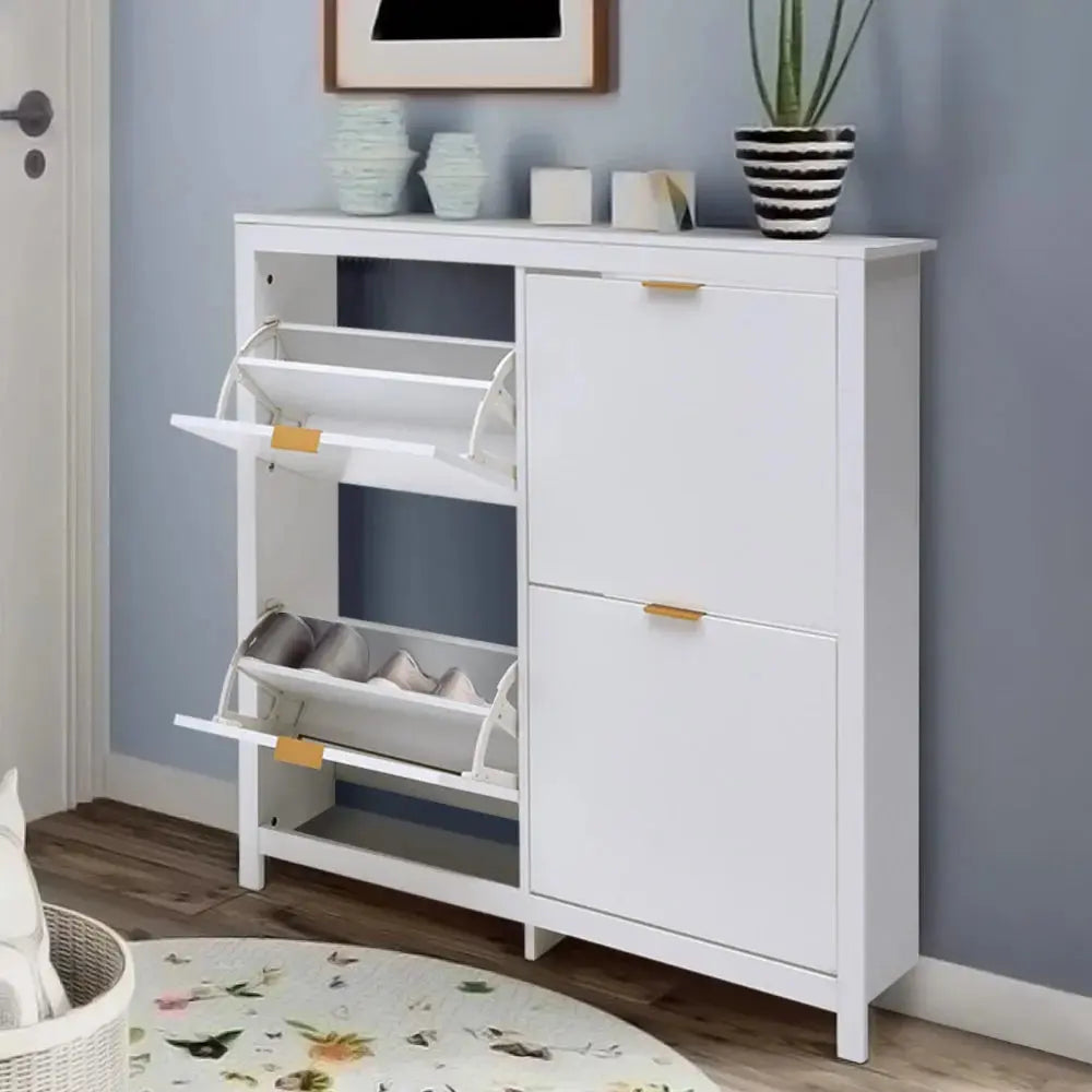 White flip down wood shoe cabinet with 4 shelves open, showing shoe storage, in a modern entryway