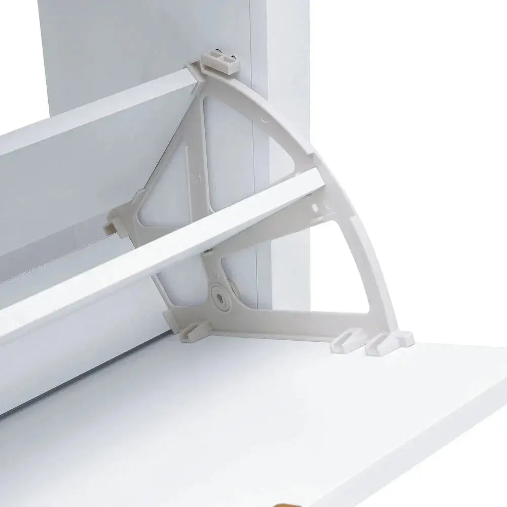 Close-up of the flip-down mechanism and hardware on a white wood shoe cabinet, showing a shelf open