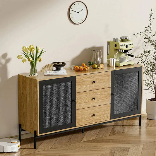 Brown Oak Storage Cabinet with black rattan doors and 3 drawers, styled in a living room.